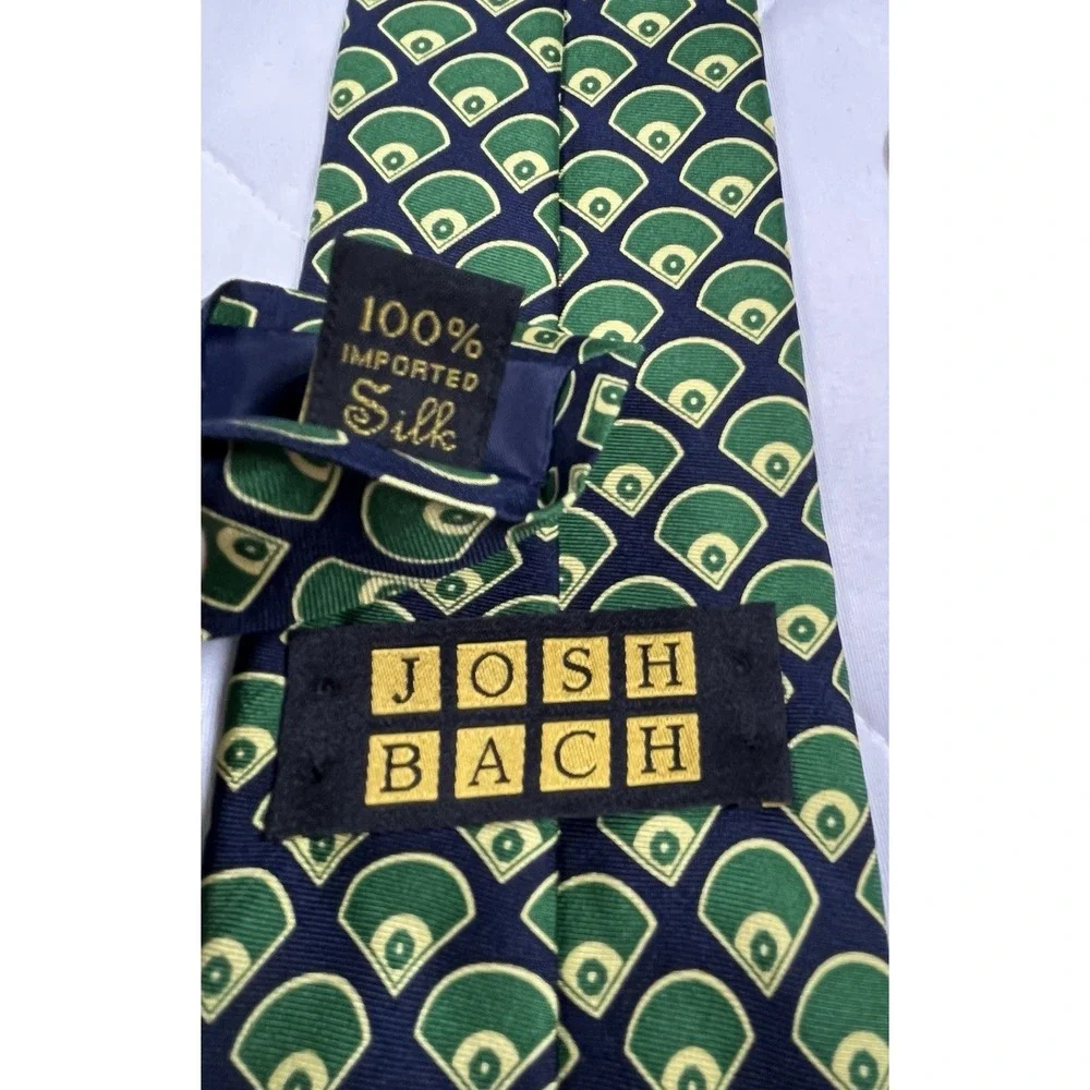Josh Bach Silk Tie Navy Green Gold Geometric Fan Pattern Novelty